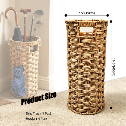 Rattan Umbrella Stand with Drip Tray - Hand Woven Entryway Umbrella Holder | Freestanding Small Rattan Rack Organizer with 4 Hooks for Folding Umbrellas & Canes, 7.5"L x 7.5"W x 16.5"H