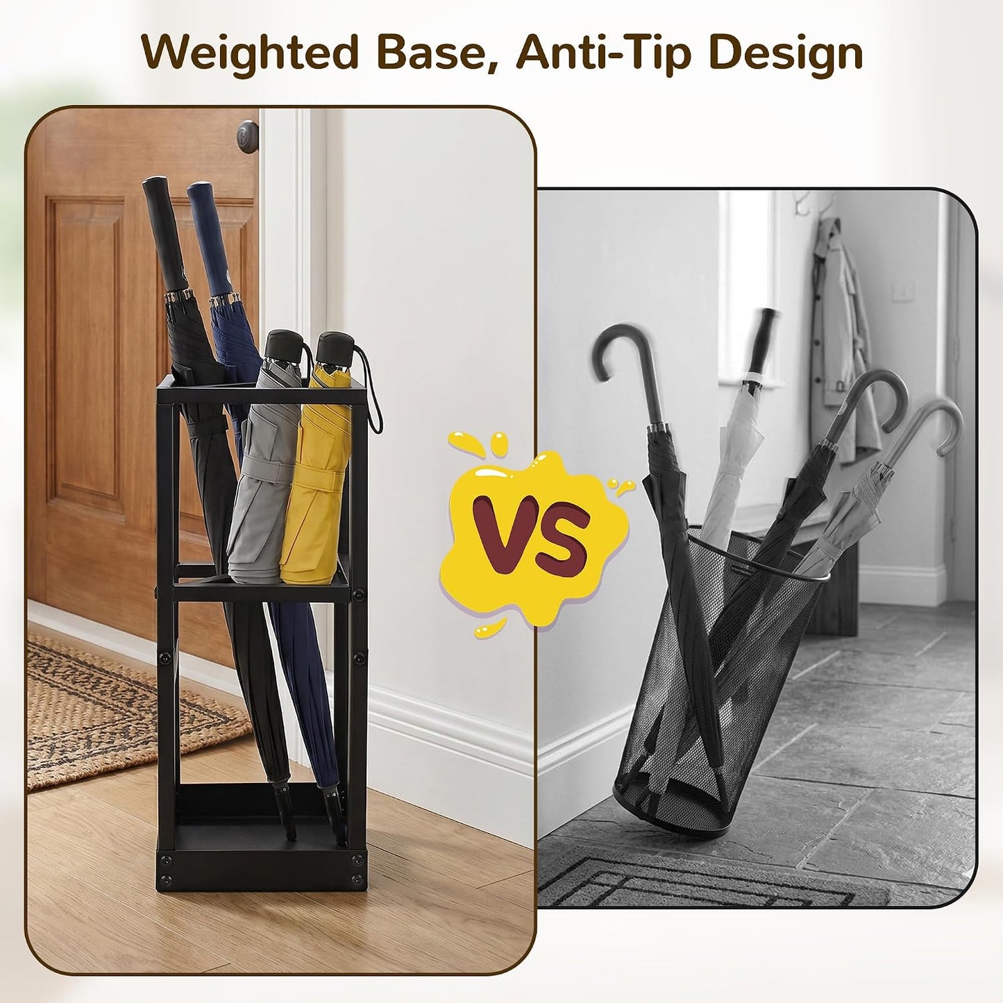 Umbrella Stand for Entryway Metal Geometric Freestanding Umbrella Holder or Cane Holder with Shelf for Small Umbrellas and Bottom Drip Tray, Black