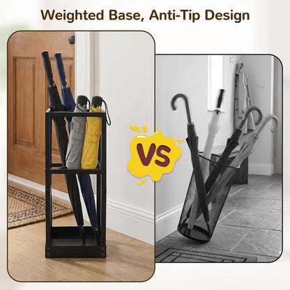 Umbrella Stand for Entryway Metal Geometric Freestanding Umbrella Holder or Cane Holder with Shelf for Small Umbrellas and Bottom Drip Tray, Black
