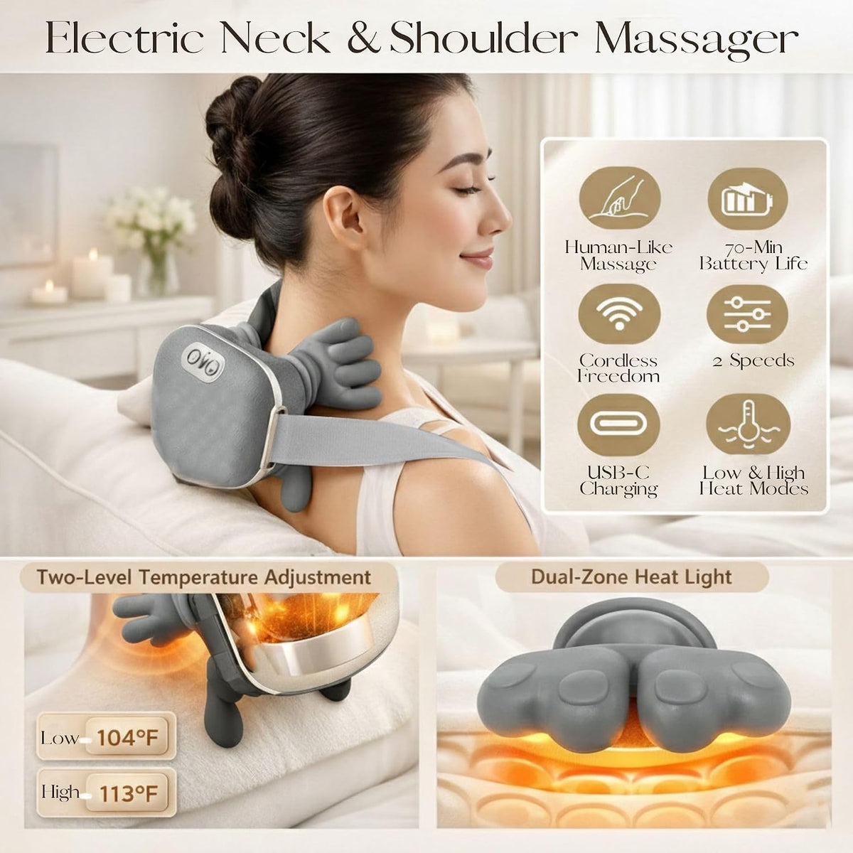 LIVINGPRO Neck & Shoulder Massager with Heat, Deep Tissue Shiatsu with Bionic Palm 4D Kneading, Simulated Human Hand Massage, 3 Adjustable Intensities, Portable Pain Relief for Home & Office