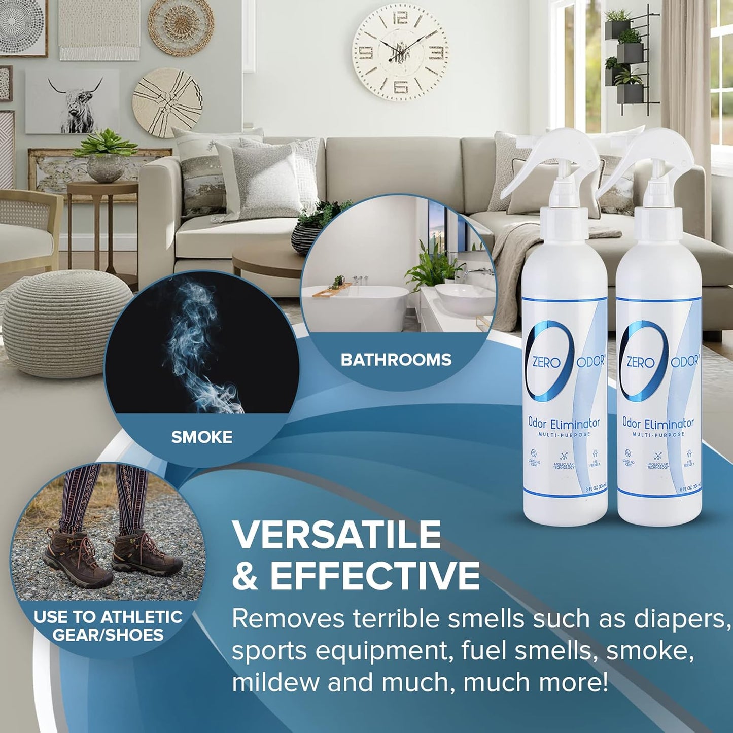 Zero Odor Multi-Purpose Odor Eliminator, Fabric & Room Deodorizer, 16 oz | Odor Eliminator Spray for Closet, Bathroom, Basement, Trash & Upholstery, Air and Surface use