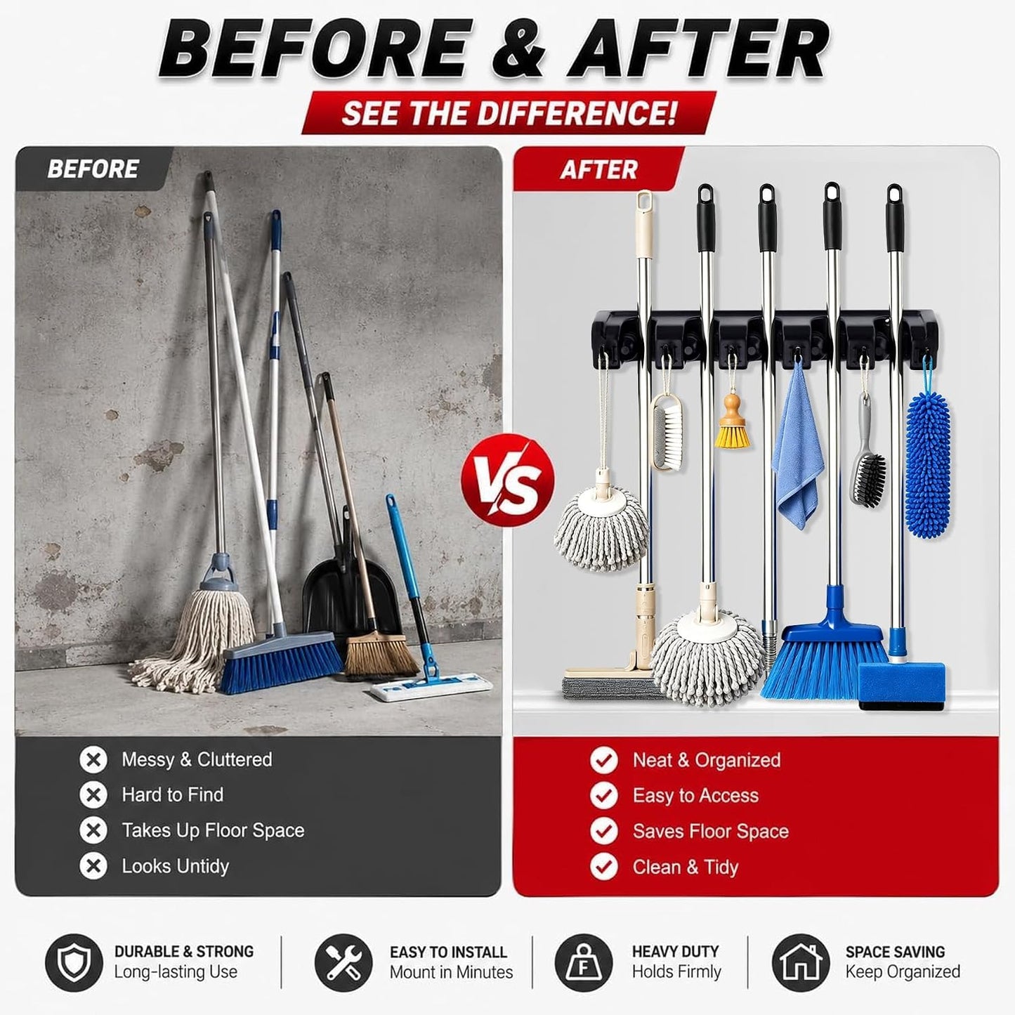 HYRIXDIRECT Broom Hanger Wall Mount Broom and Mop Organizer Wall Hanging Garden Tool Organizers Rack Garage Laundry Room Organizations and Storage with Hooks Heavy Duty