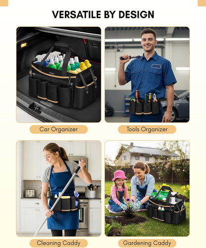 Ytonet Cleaning Caddy Bag, Extra Large Cleaning Supplies Organizer, Black | Detachable Apron & Foldable Dividers, 900D Cleaning Tote with Handle, Portable Cleaner Caddy for Housekeeper, Detailing Bag