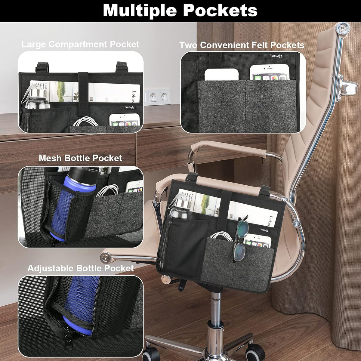 Cosmos Armrest Chair Side Organizer Bedside Caddy Organizer Bunk Bed Storage Bag Armchair Wheelchair Hanging Side Pocket Bag for Ipad, Tablet, Phone, Remote Control, Magazines, Books & Water Bottle