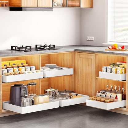 Pull out Cabinet Organizer, 21"Deep, Heavy Duty Full-Extension Slide out Drawers for Kitchen Cabinets with Nano Adhesive, Roll Out Shelf Sliding Cabinet for Pots, Bathroom, Pantry, Under Sink, White