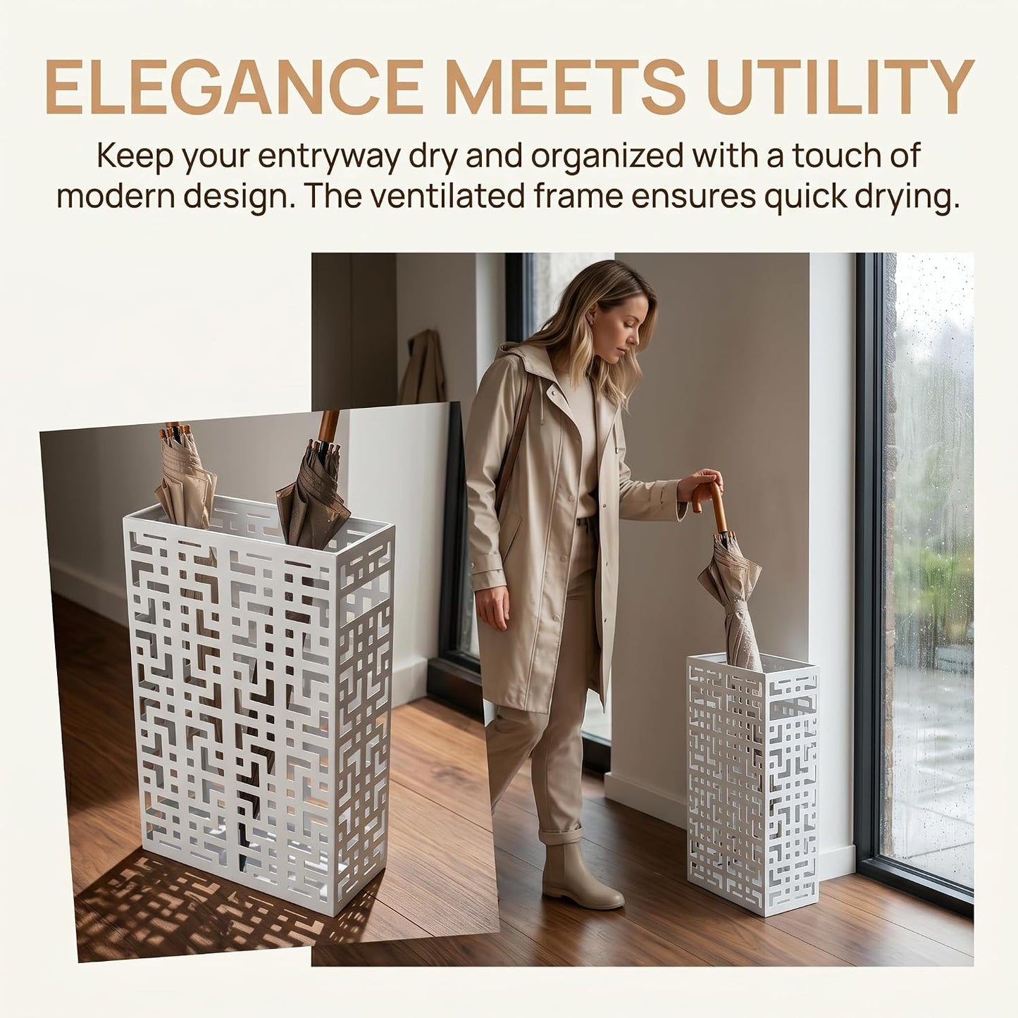 BEWBBAT Umbrella Holder Stand for Entryway, Square Metal Umbrella Rack, Freestanding Rectangular Hollow Rack for Home Office, 16 x 10 x 5 Inch, White