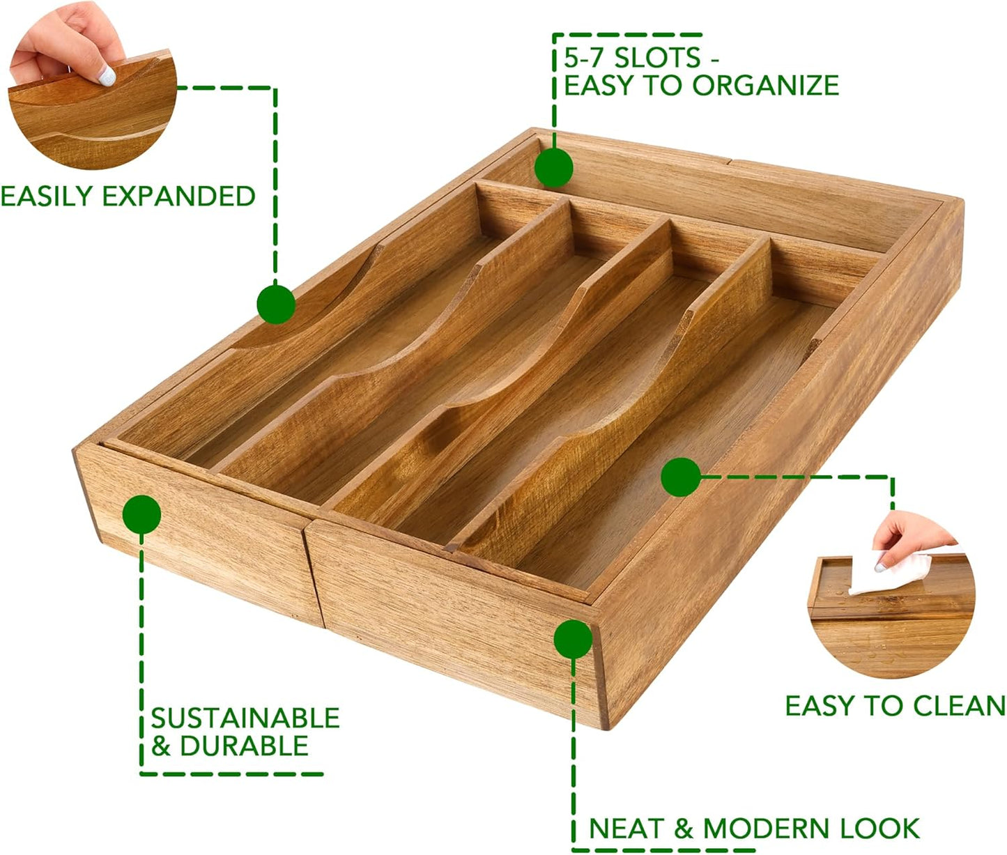 Expandable Bamboo Kitchen Drawer Organizer for Cutlery and Utensils, Adjustable Bamboo Wood Cutlery Tray in Drawer for Flatware and Silverware in Kitchen, (Natural)