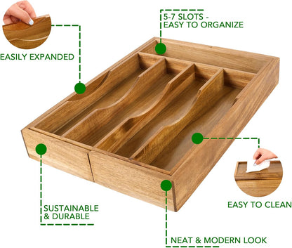 Expandable Bamboo Kitchen Drawer Organizer for Cutlery and Utensils, Adjustable Bamboo Wood Cutlery Tray in Drawer for Flatware and Silverware in Kitchen, (Natural)