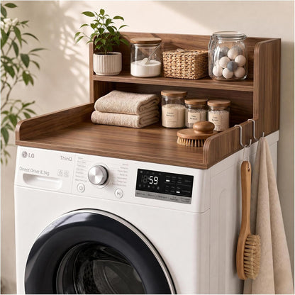2-Tier Washer Dryer Countertop with Shelves & Metal Hooks, 27" W x 27.5" D Large Laundry Topper for Room Organization & Folding Clothes & Storage(Oak)