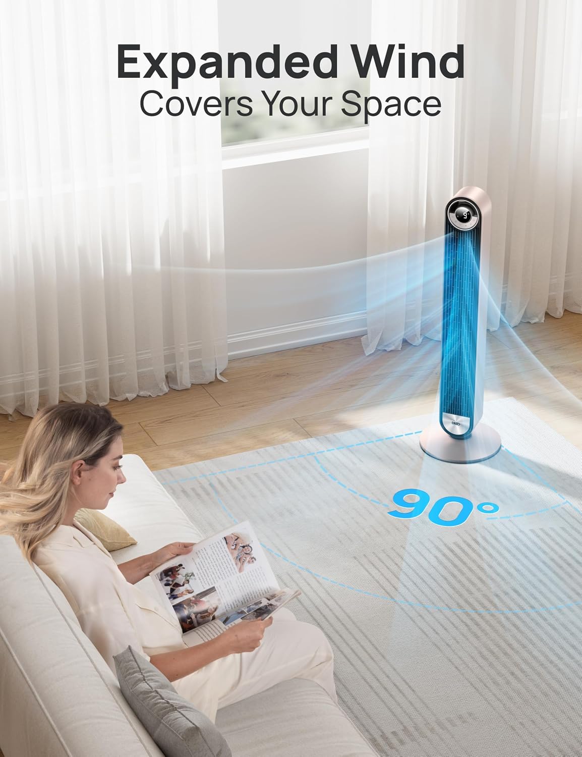 DREO Tower Fan for Bedroom, Upgraded DC 28ft/s Velocity, 9 Speeds