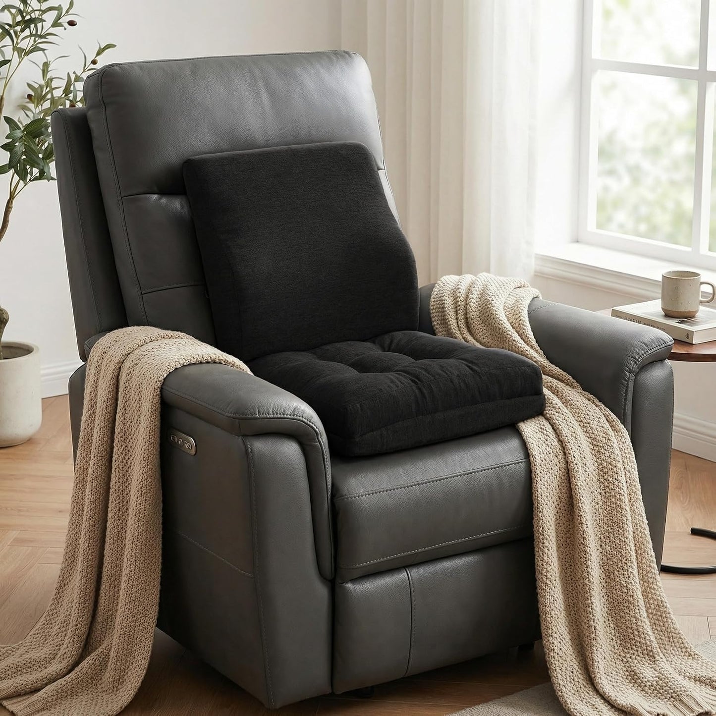 baibu Memory Foam Recliner Cushions with Lumbar Support Pillow Set for Elderly, 20x20x5 Inch Dual-Layer Design Non-Slip Recliner Seat Cushion & Back Support Pillow for Reduce Hip & Lumbar Pain, Brown