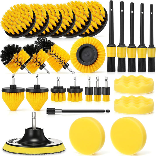 28 Pack Drill Brush Attachment Set, Power Scrub Brushes with Extend Long Attachment for Bathroom, Car Detailing, Sinks, Grout, Floor, Tub, and Kitchen Surface, Scratch Brushes (Yellow)