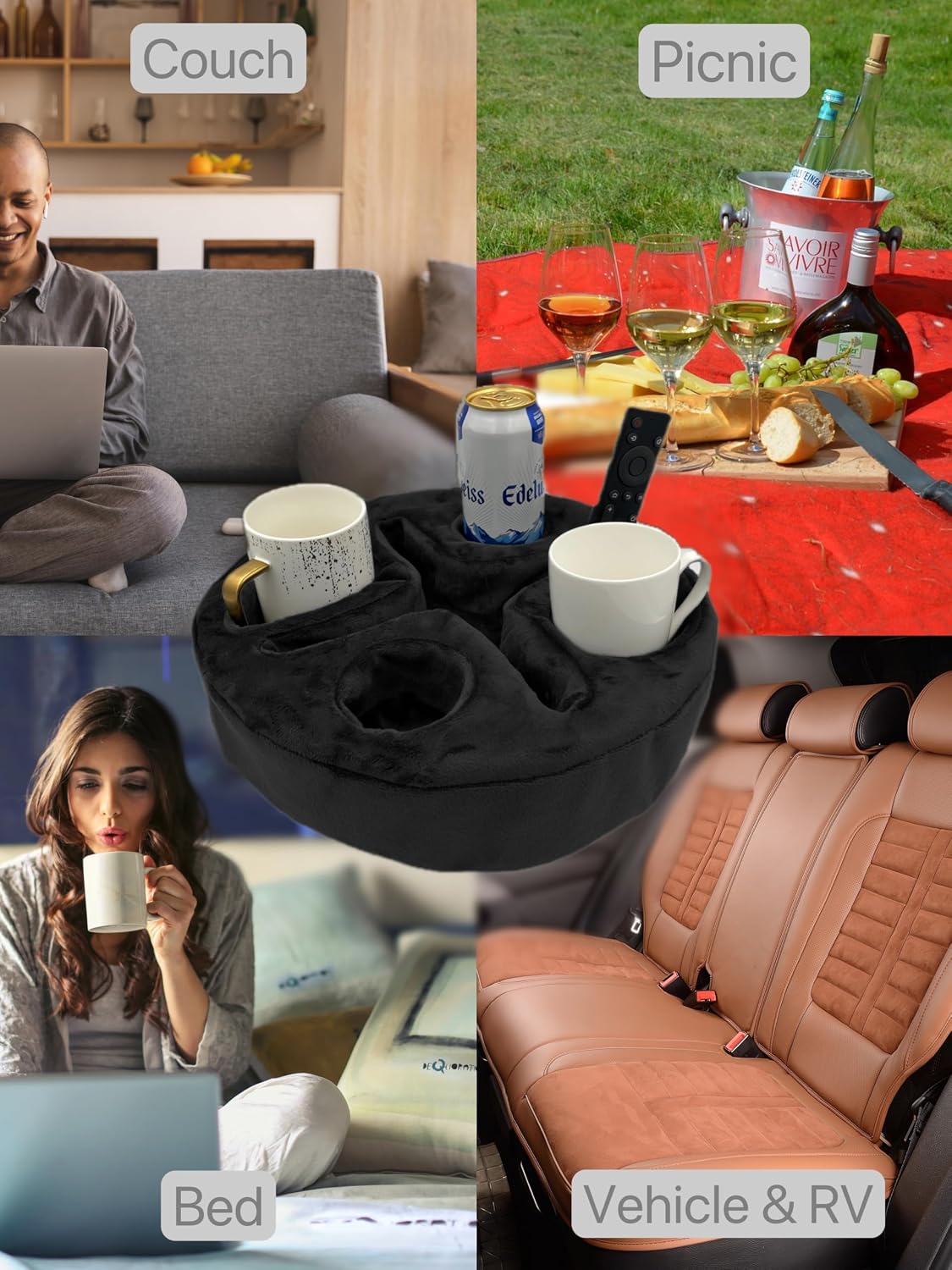 Xchouxer Couch and Bed Cup Holder Pillow, Sofa Organizer Caddy for Drinks, Remotes, Phones, Snacks (Beige)