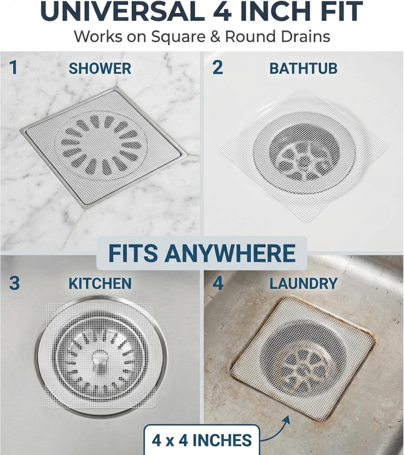 50 Pack Square Disposable Shower Drain Hair Catcher Stickers | Waterproof, For Bathroom Floor, Sink & Bathtub, Easy-Peel, Clog Prevention & Hygiene