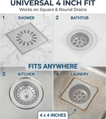 50 Pack Square Disposable Shower Drain Hair Catcher Stickers | Waterproof, For Bathroom Floor, Sink & Bathtub, Easy-Peel, Clog Prevention & Hygiene