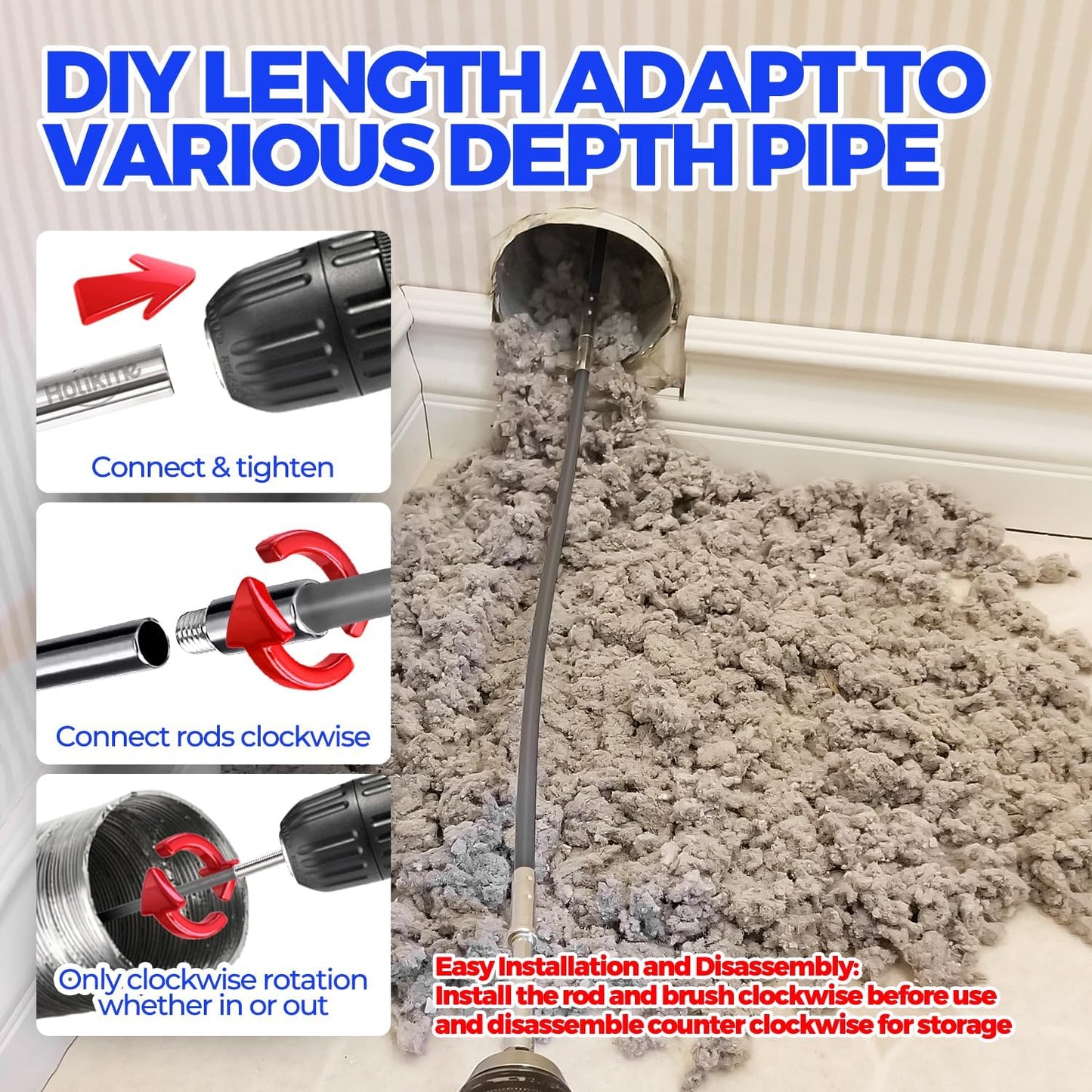 Holikme Dryer Vent Cleaner Kit - 15Ft Flexible Lint Brush for Deep Cleaning | Dryer Vent Cleaner Brush with Drill Attachment, Removes Years of Lint Buildup, Improves Airflow, Faster Drying & Fire Safety