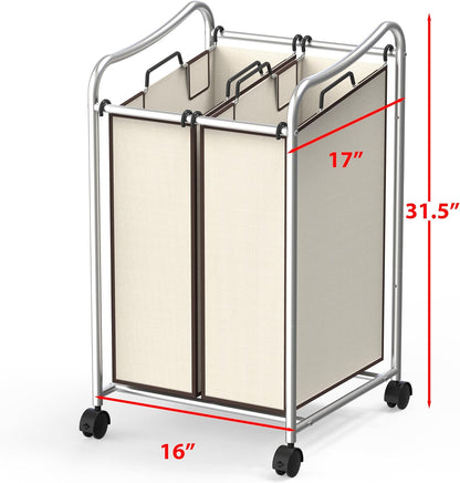 Simple Houseware 2-Bag Heavy Duty Laundry Sorter Rolling Cart, Dark Grey | Removable Bags and Lockable Wheels for Laundry Room Organization