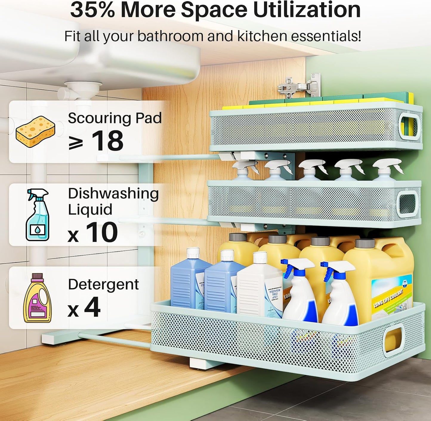 Kitstorack Under Sink Organizer, 2-Pack 3-Tier Height Adjustable Thickened Metal Pull out Cabinet Organizer Shelf, Slide out Storage Drawer Rack for Bathroom Kitchen Pantry Home Laundry Organization