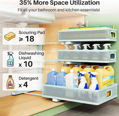 Kitstorack Under Sink Organizer, 2-Pack 3-Tier Height Adjustable Thickened Metal Pull out Cabinet Organizer Shelf, Slide out Storage Drawer Rack for Bathroom Kitchen Pantry Home Laundry Organization