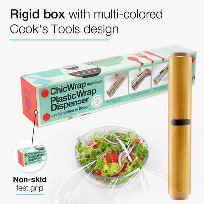 Chicwrap Veggies Refillable Plastic Wrap Dispenser - Includes One 12" x 250' Roll of Professional Grade Plastic Wrap - BPA Free and Kosher Certified - Reusable Dispenser w/Slide Cutter | Reusable Plastic Wrap Dispenser with Four Non-Slip Rubber Feet and