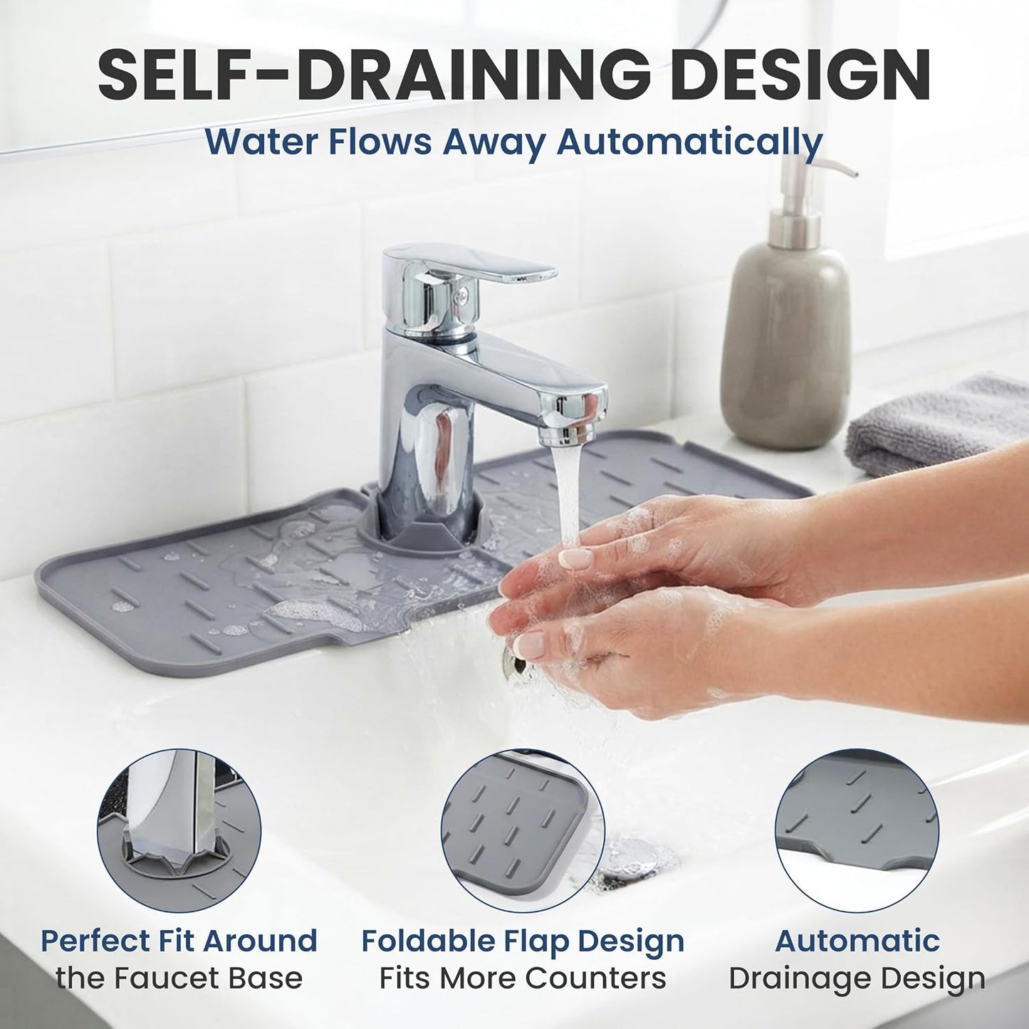 Faucet Splash Guard Mat for Kitchen Sink, Gray & Black, Set of 2 | TPR Drain Pad, Adjustable Center Hole, Self-Draining, Non-Slip, Fits 1.5"–2.5" Base