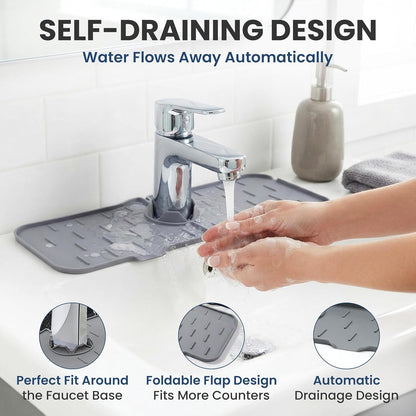 Faucet Splash Guard Mat for Kitchen Sink, Gray & Black, Set of 2 | TPR Drain Pad, Adjustable Center Hole, Self-Draining, Non-Slip, Fits 1.5"–2.5" Base