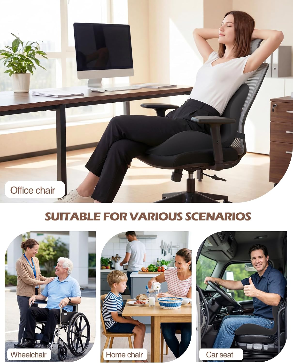 Office Chair Cushion for Tailbone & Low Back Pain Relief, Seat Cushions for Office Chairs with Comfortable Foam and High Backrest, Suitable for Office Chairs, Cars, Trucks, and Home Chairs