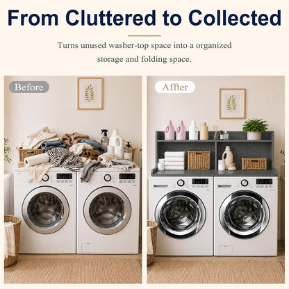 Royxen Washer Dryer Countertop with Extra Tall Shelf, 19" Height Washer and Dryer Topper, Laundry Countertop with Non-Slip Pads, Universal Fit for Laundry Room Organization, Walnut