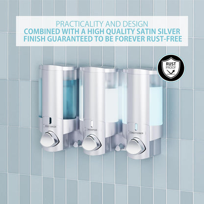 Better Living Aviva Wall Mount Shower Dispenser, 3 x 11 oz, Satin Silver | 3 Chamber, Shower Dispenser for Bathroom, Built-in Hooks, No Drill, Waterproof Dispenser Pump