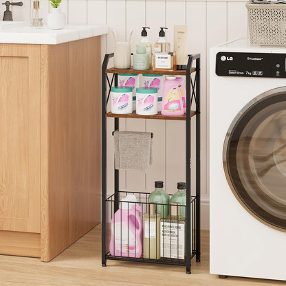 HapiRm Freestanding Toilet Paper Holder - 4-Tier Bathroom Tissue Organizer with Wood Shelves and Large Basket, Toilet Paper Holder Stand for Bathroom, Laundry Room, Apartment - Black（Large）