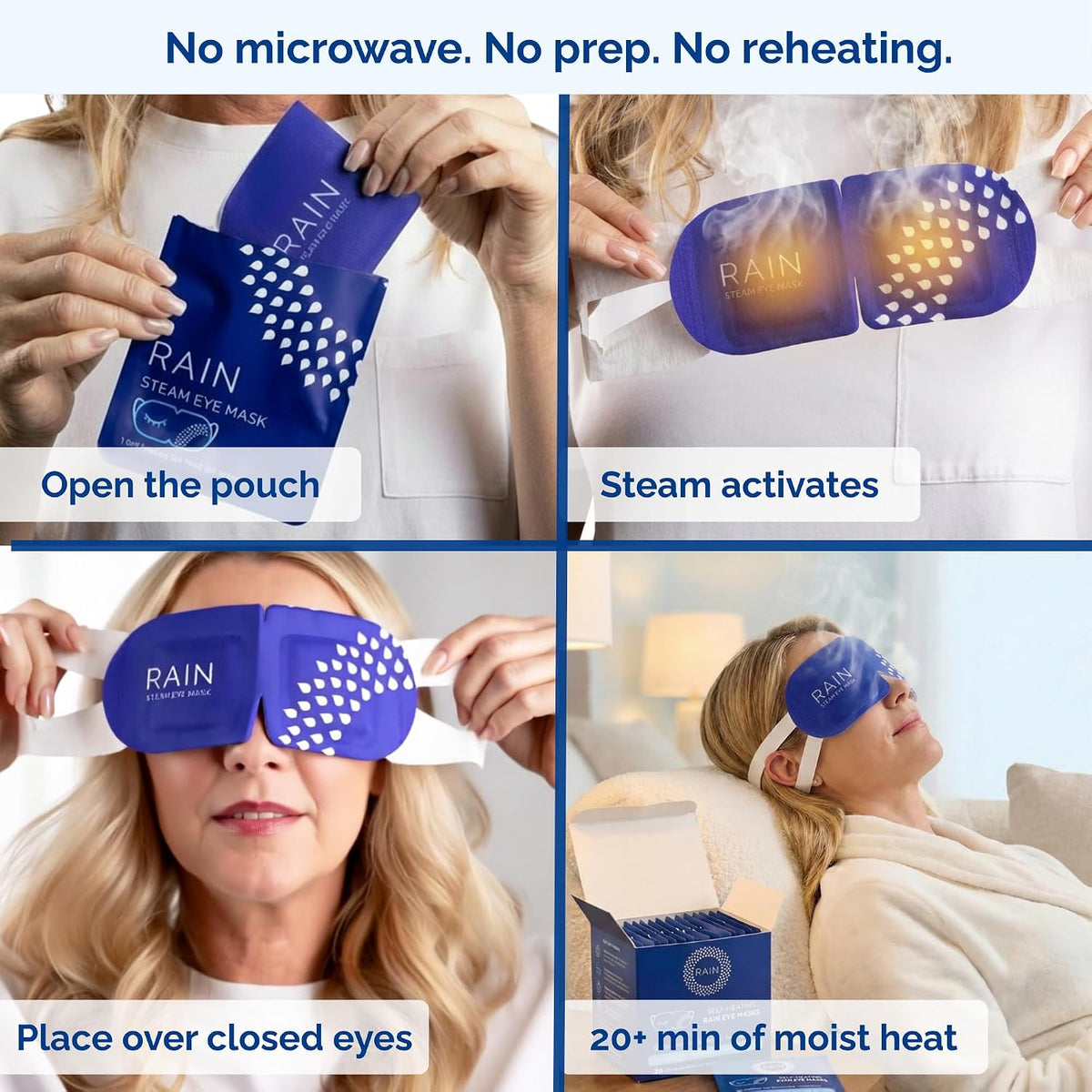 Rain - Heated Eye Mask for Dry Eyes, Self Heating Steam Eye Masks Disposable, Warm Compress for Eyes, Stye Treatment, Moist Heat, Unscented, No Microwave, Travel Ready (20 Masks)