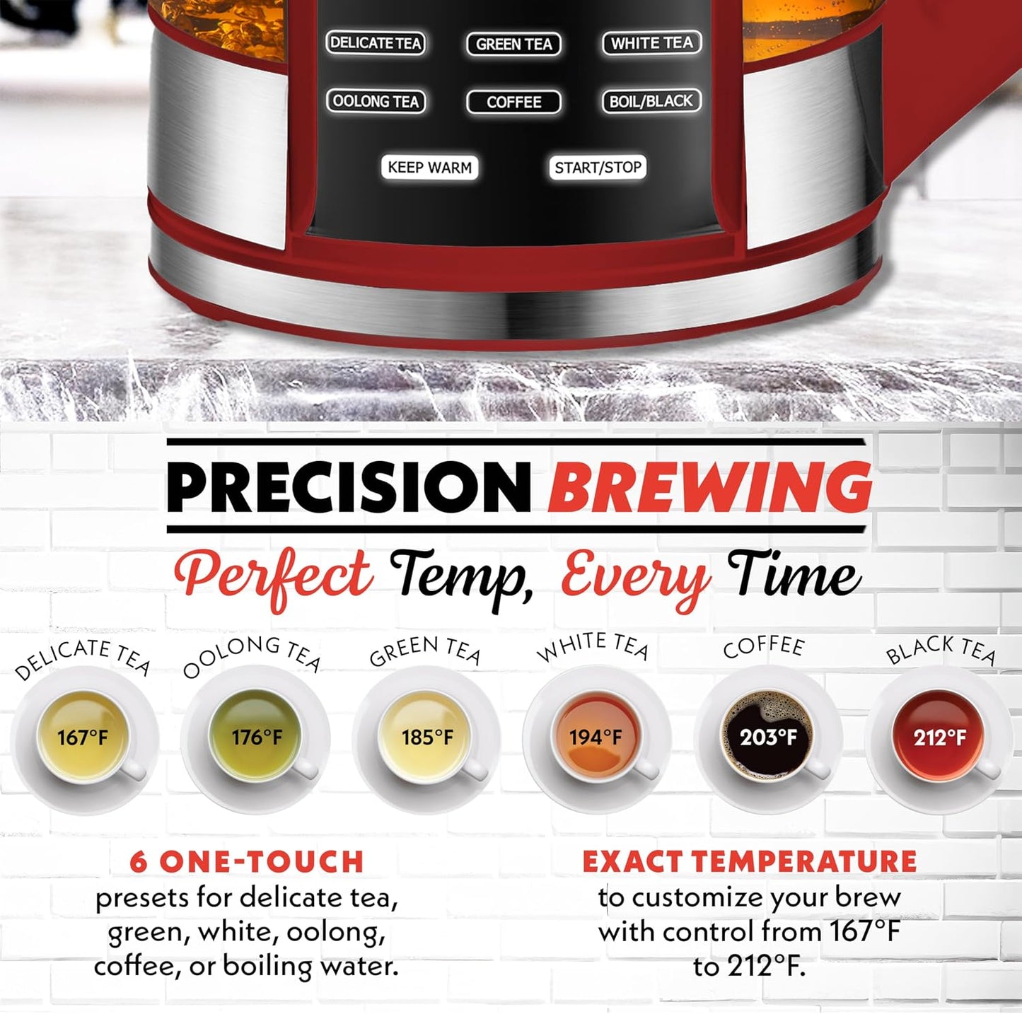 Gourmia Electric Glass Kettle – 1.7L Programmable Tea & Coffee Brewer with Digital Touch Display, 6 Presets, Removable Stainless Steel Infuser, Cordless with 360° Swivel Base, Black