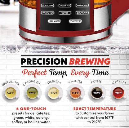 Gourmia Electric Glass Kettle – 1.7L Programmable Tea & Coffee Brewer with Digital Touch Display, 6 Presets, Removable Stainless Steel Infuser, Cordless with 360° Swivel Base, Black