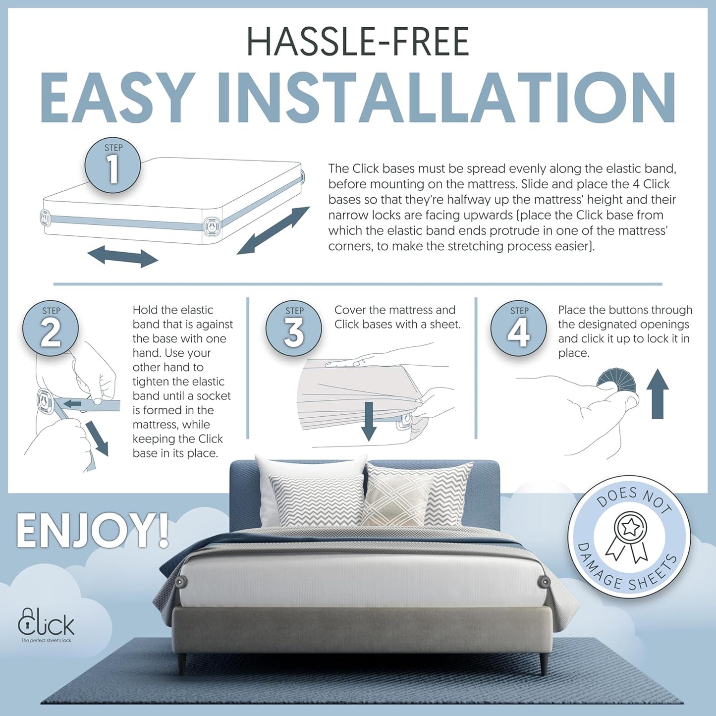 Click Bed Clips to Hold Sheets - Sheet Clips & Straps Keep Sheets in Place Firm & Tight on Single and Twin Bed, Heavy Duty Sheets Holders & Mattress Clips to Keep Sheets on Single & Twin Beds