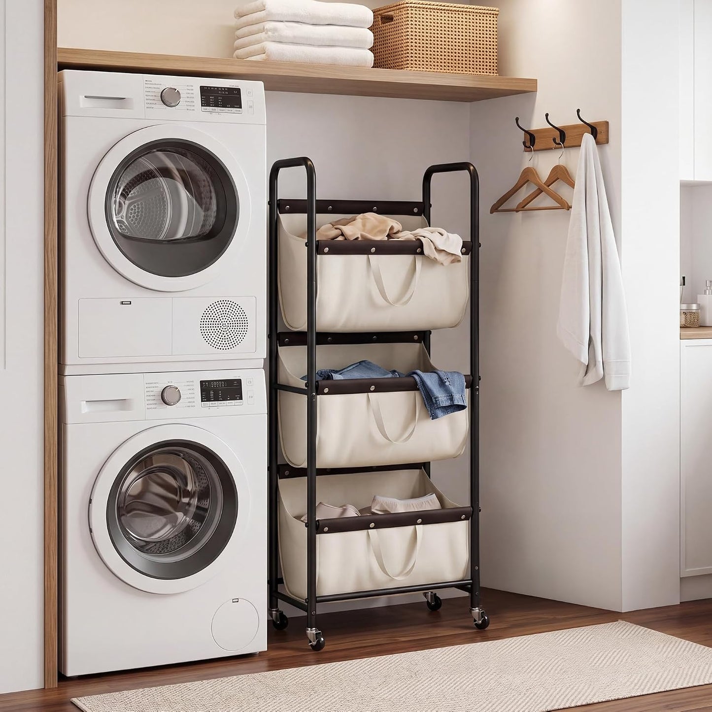 GRANNY SAYS 3 Tiered Laundry Sorter, Narrow Hamper Cart with Wheels | Sturdy 3 Section Laundry Basket with Wheels, Vertical Beige Hamper Cart for Bedroom, Bathroom, Apartment