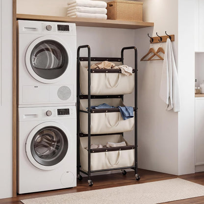 GRANNY SAYS 3 Tiered Laundry Sorter, Narrow Hamper Cart with Wheels | Sturdy 3 Section Laundry Basket with Wheels, Vertical Beige Hamper Cart for Bedroom, Bathroom, Apartment