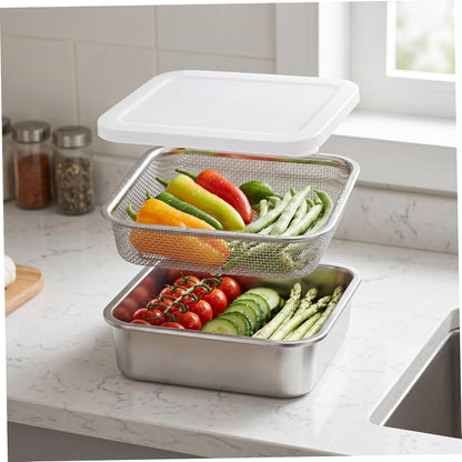 Square Strainer 3PCS/Set Fruit Storage Containers For Fridge Stainless Steel Square Strainer With Lid Lettuce Keeper Dish 1500ml