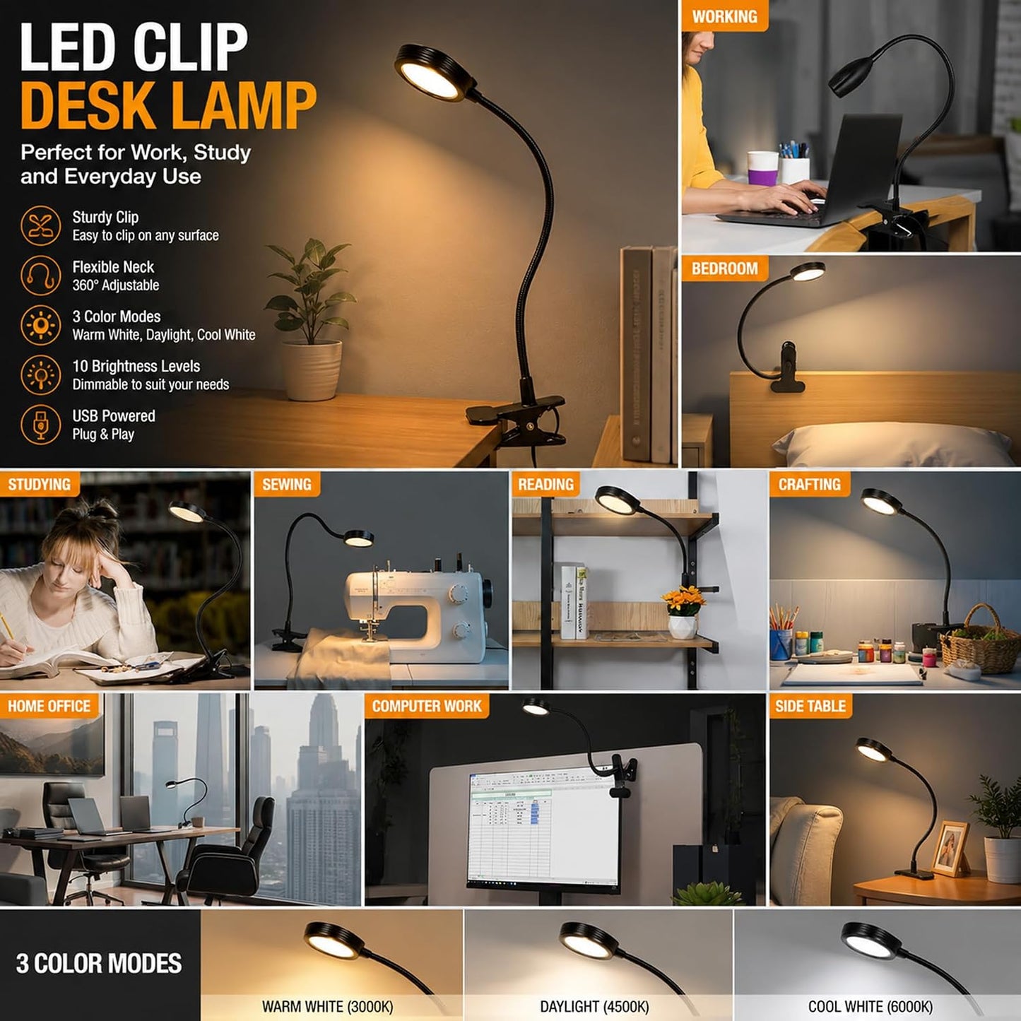 USB Clip-On Lamp, Eye Caring Dimmable Reading Light (Warm+Cool White, 8W) | Dimmable, Inline Switch, 1M Timer, USB 5V Port, 3000K+6000K, 81inch Long Cable, Flexible Gooseneck, Metal Head and Clip