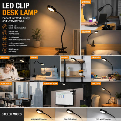 USB Clip-On Lamp, Eye Caring Dimmable Reading Light (Warm+Cool White, 8W) | Dimmable, Inline Switch, 1M Timer, USB 5V Port, 3000K+6000K, 81inch Long Cable, Flexible Gooseneck, Metal Head and Clip