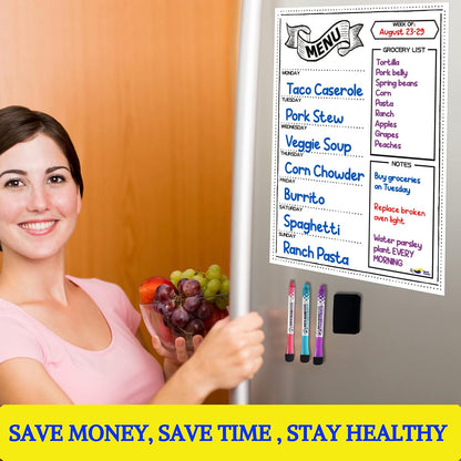 White Magnetic Dry Erase Weekly Menu Board for the Fridge | Weekly meal and dinner planner, 7-day grid, grocery and to-do lists, 12x16 inches, fits standard fridge, 3 markers, eraser