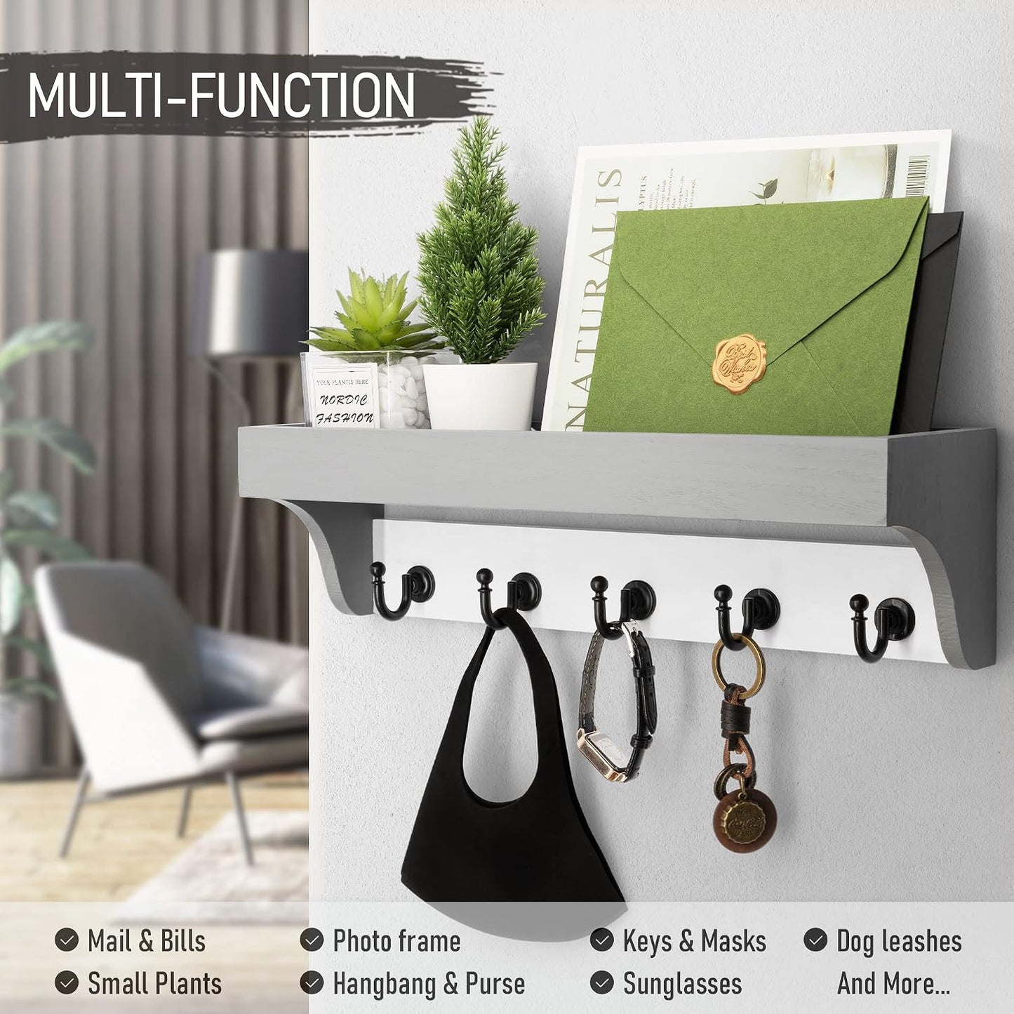 Rebee Vision Key Holder Wall Mount with 5 Hooks for Entryway, Retro Brown | Display Shelf for Plant & Letters, Key Shelf for Hats, Dog Leashes, Mail Organizer, Decorative Entryway & Living Room