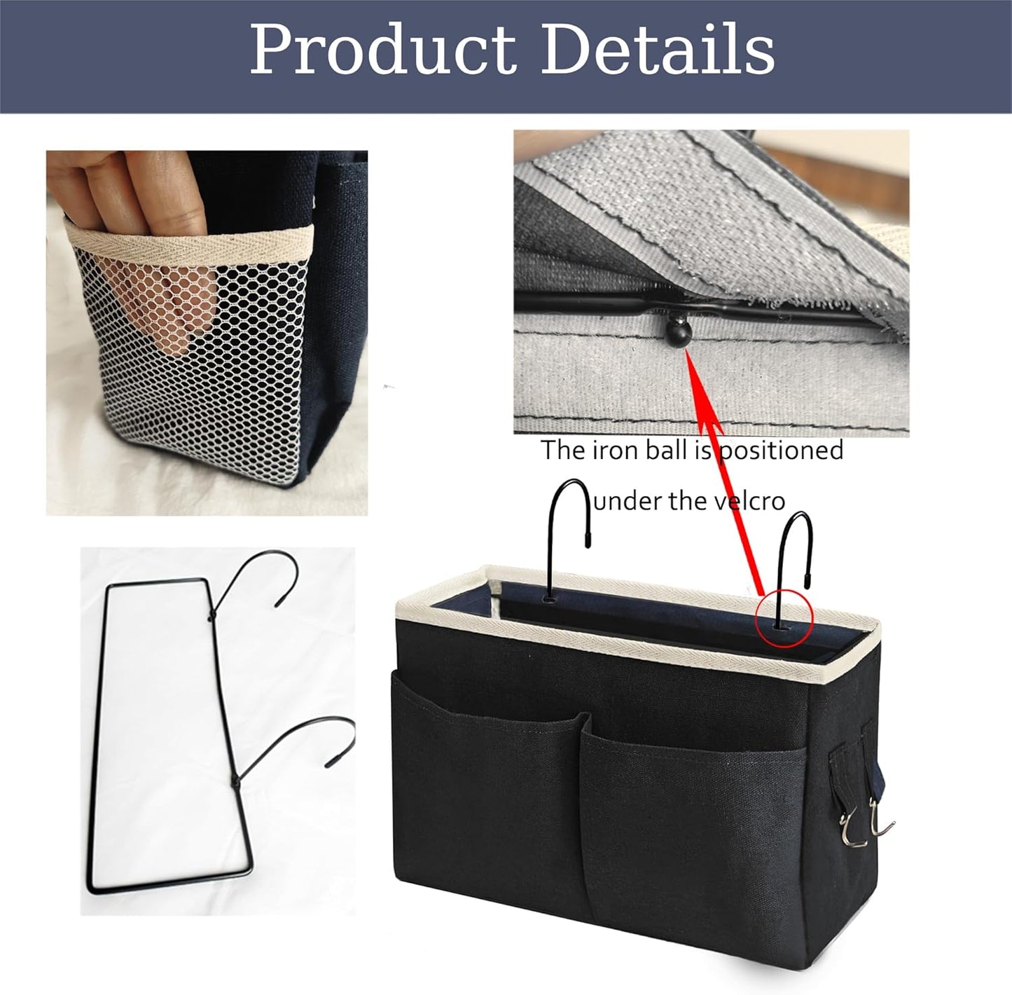 Bedside Caddy Bedside Hanging Storage Basket Multi-Function Organizer Caddy for Bunk and Hospital Beds Dorm Rooms Bed Rails, Can be Placed Glasses Books Mobile Phones（Navy Blue）