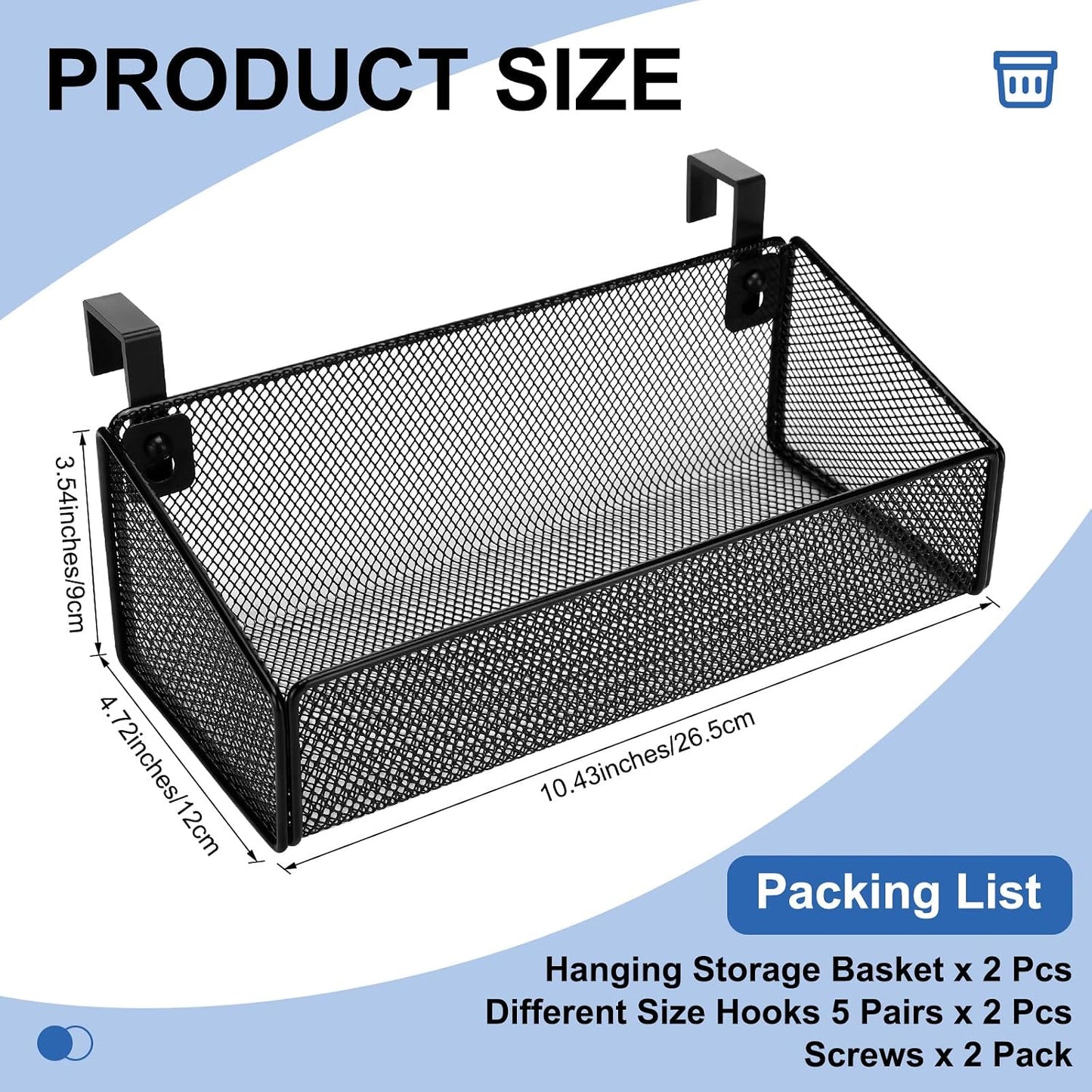 Rtteri 2 Sets Bedside Shelf Caddy Metal Hanging Storage Basket Organizer with 10 Pair 5 Different Size Hooks for Dorm Bunk Bed Bedroom for Magazine Phone Drinks(White)