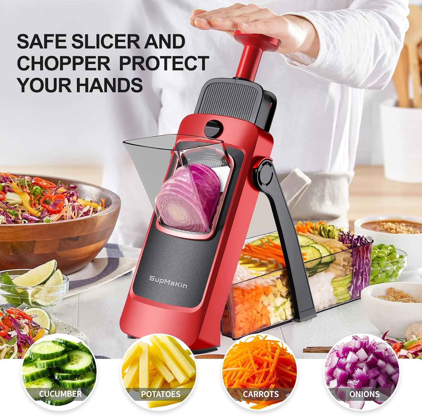 SupMaKin Safe Mandoline Slicer Plus for Kitchen Adjustable Vegetable Slicer | 0.1-8mm, Cut Resistant Stainless Steel Blades,Potato Fry Cutter, Onion Chopper, Detachable,Foldable Dishwasher Safe, Gifts