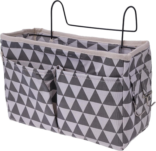 Bedside Caddy Organizer Hanging Storage Basket with Large Pockets & Hooks, Heavy-Duty Canvas Bedside Organizer for Bunk Beds, Dorm Rooms, Hospital Beds & Small Spaces (Gray Triangle Pattern)