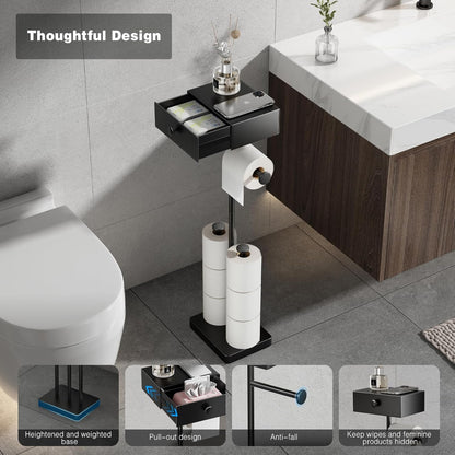 VOLDRA Toilet Paper Holder with Shelf Black Wipes Dispenser for Bathroom Toilet Paper Holder with Storage Upgrade Drawer Design Toilet Tissue Holder Adhesive Small Bathroom Shelf Wall Mount