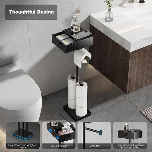 VOLDRA Toilet Paper Holder with Shelf Black Wipes Dispenser for Bathroom Toilet Paper Holder with Storage Upgrade Drawer Design Toilet Tissue Holder Adhesive Small Bathroom Shelf Wall Mount
