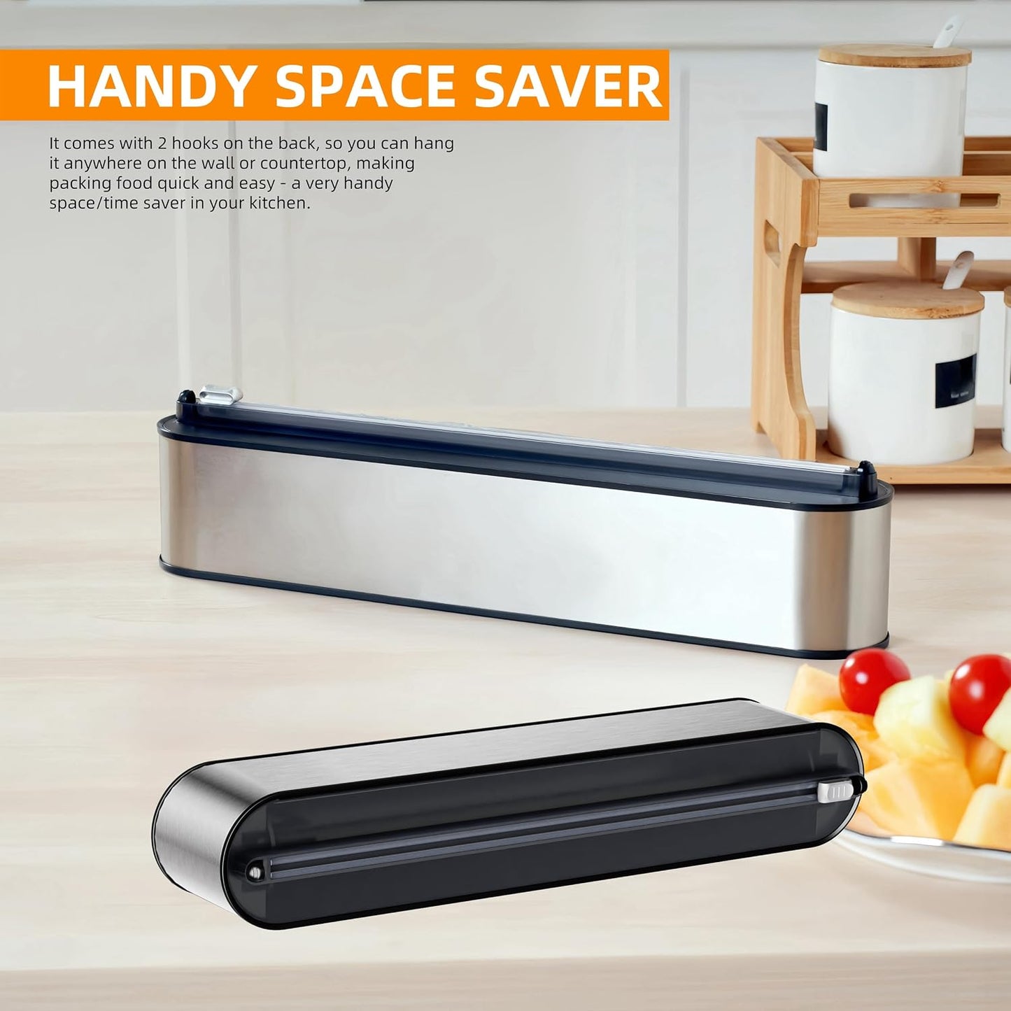 Aluminum Foil & Plastic Wrap Dispenser with Cutter - Magnetic & No-Drill Wall Mount, Stainless Steel Design, Space-Saving Kitchen organizer for Countertops & Cabinets - Fits 12" Rolls, Silver