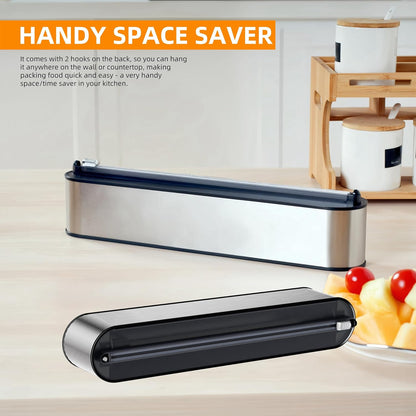 Aluminum Foil & Plastic Wrap Dispenser with Cutter - Magnetic & No-Drill Wall Mount, Stainless Steel Design, Space-Saving Kitchen organizer for Countertops & Cabinets - Fits 12" Rolls, Silver