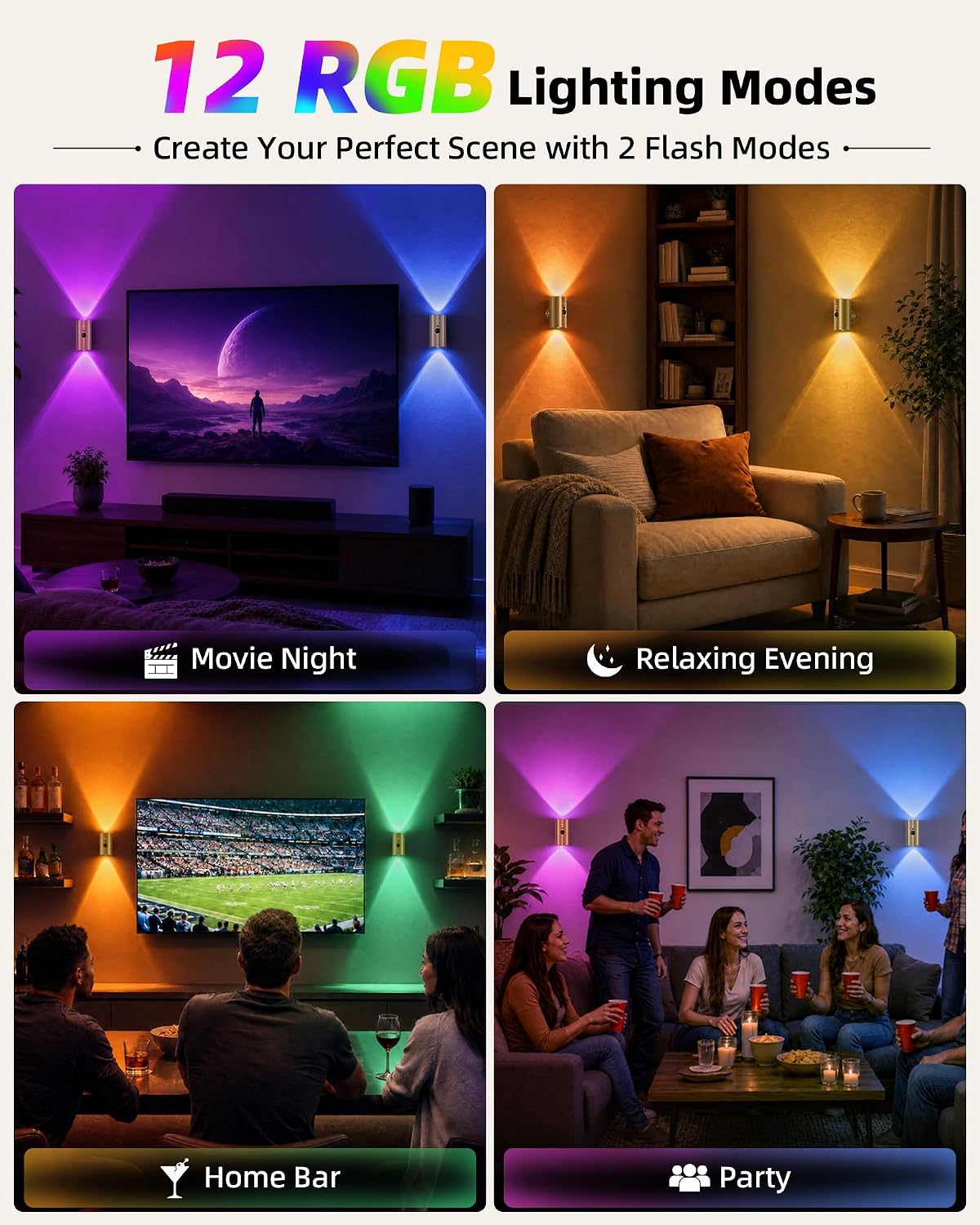 EZVALO Motion Sensor Wall Sconces with Remote, Rechargeable Battery Operated 4000mAh Wall Lights, 3 Color Temperatures & 12 RGB, Wireless LED Lighting for Hallway, Living Room (Brushed Gold, 2 Pack)